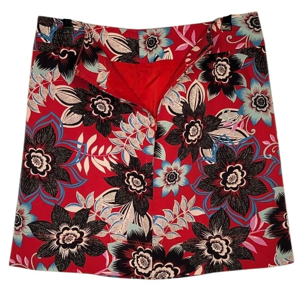 Talbots Red & Black Floral A-line Twill Skirt Size 10